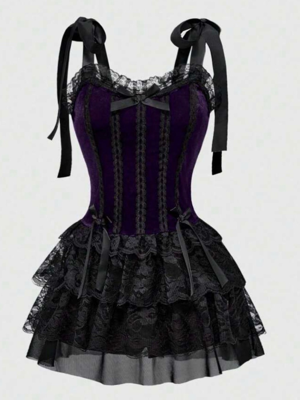 Women’s Purple Lavender Velvet and Black Lace Babydoll Dress